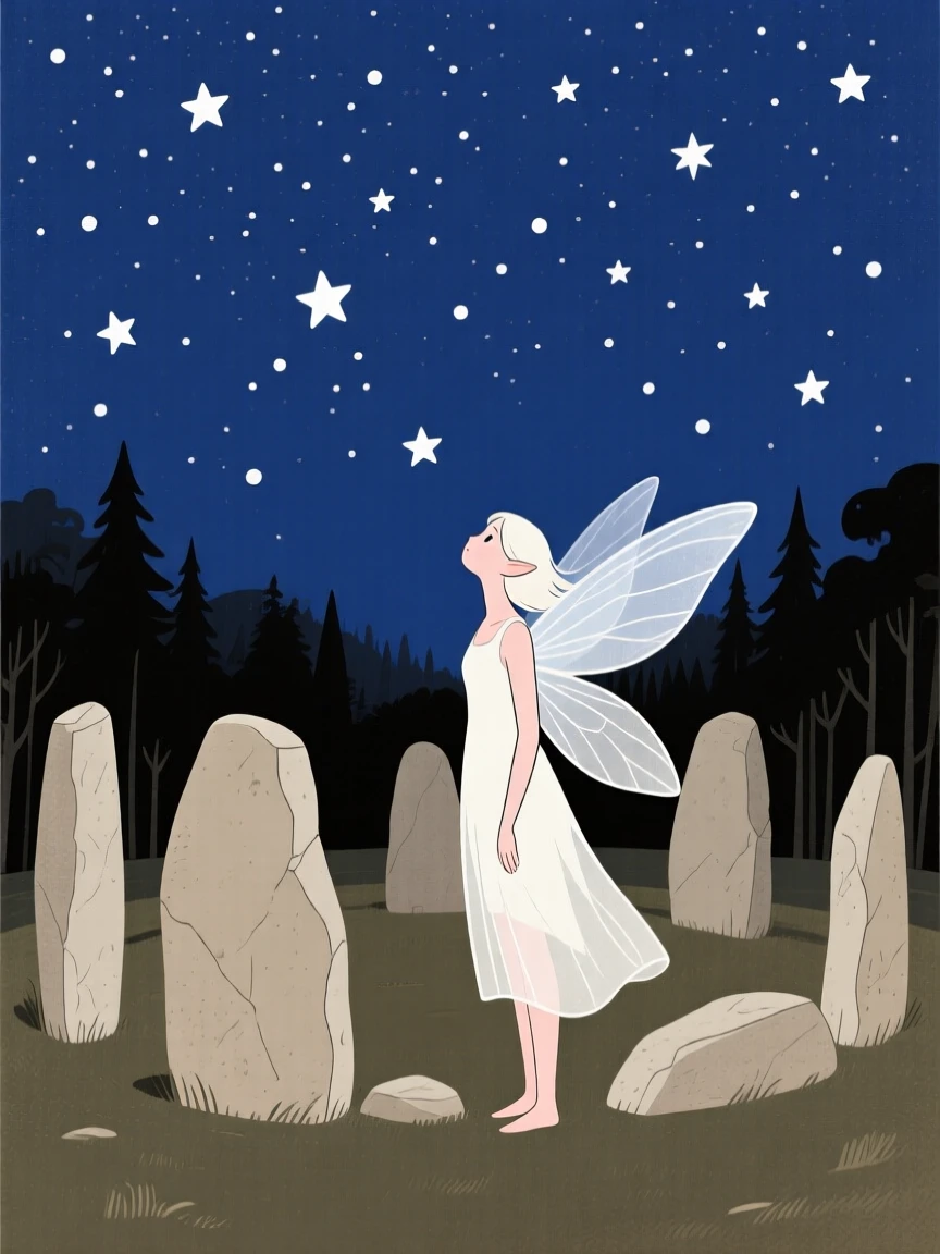 A forest fairy watching the stars near an ancient stone circle.