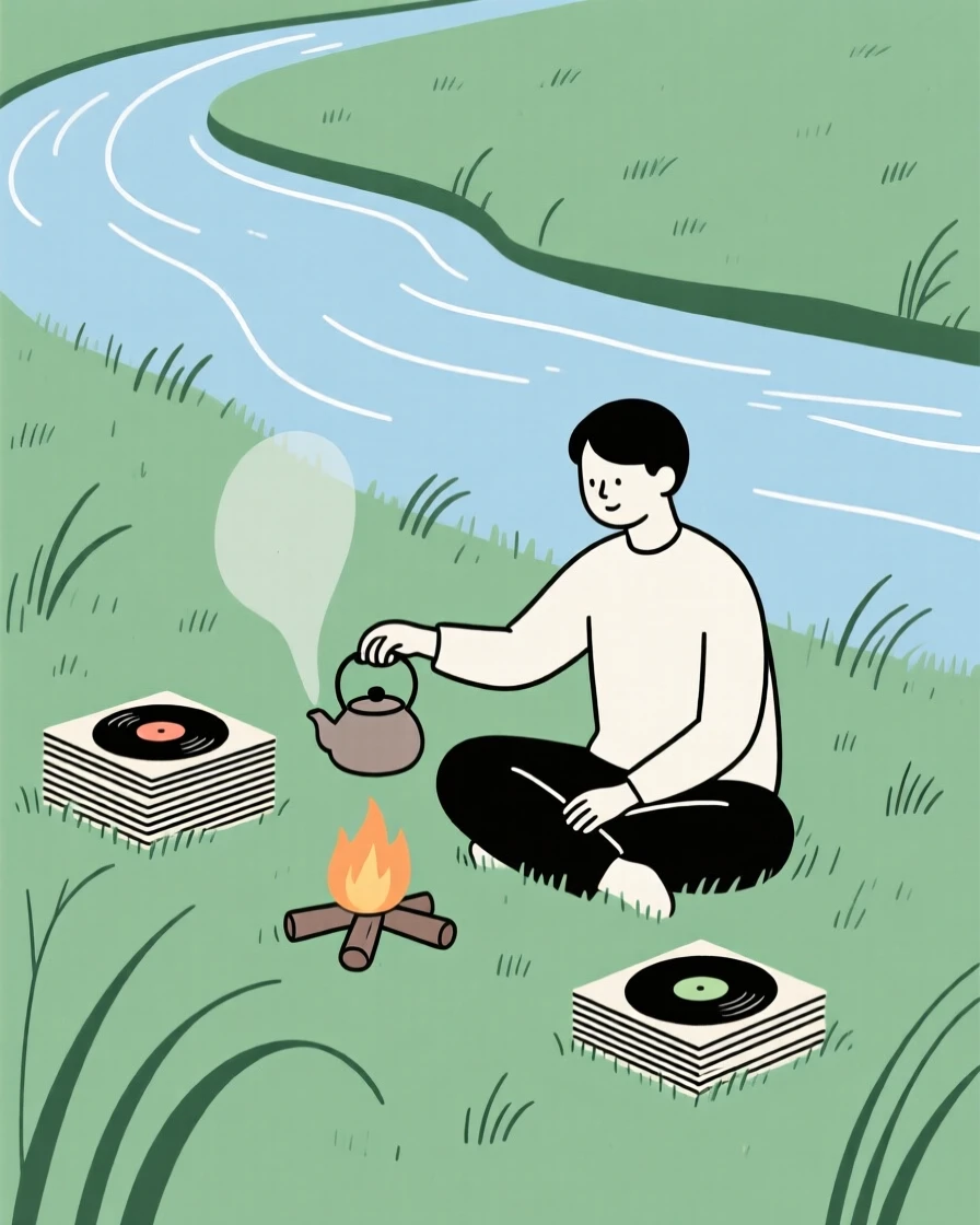 A person brewing a pot of tea in a riverside meadow, surrounded by stacks of vinyl records, showing creative flow.
