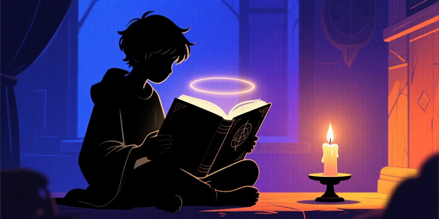 A young apprentice reading a glowing spellbook by candlelight.