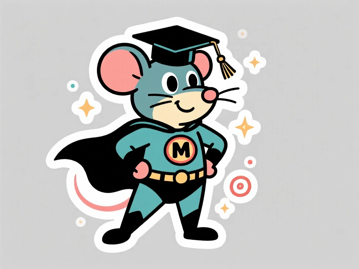 A playfully retro superhero training academy graduate mouse, striking a confident heroic pose, in a world full of wonder and imagination.