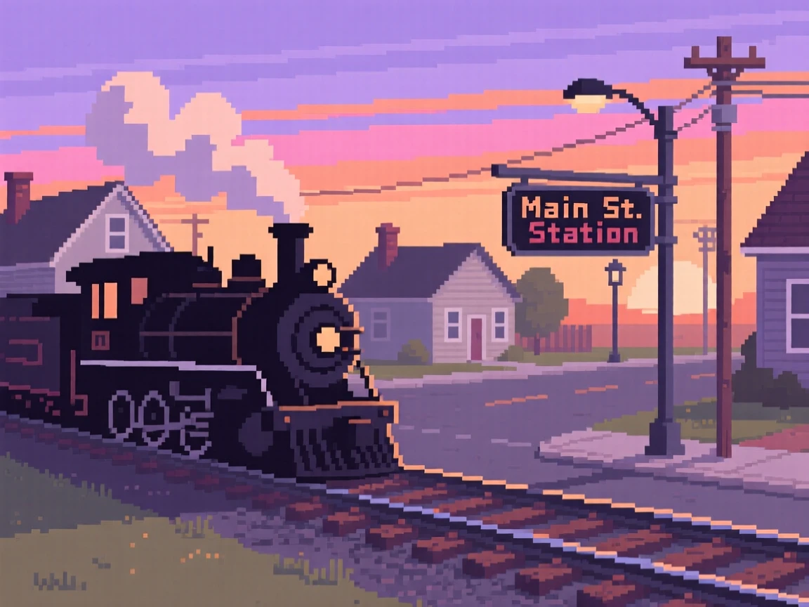 A train chugging through a small town under a sky streaked with the colors of dusk, on a quiet suburban street in the 1980s.