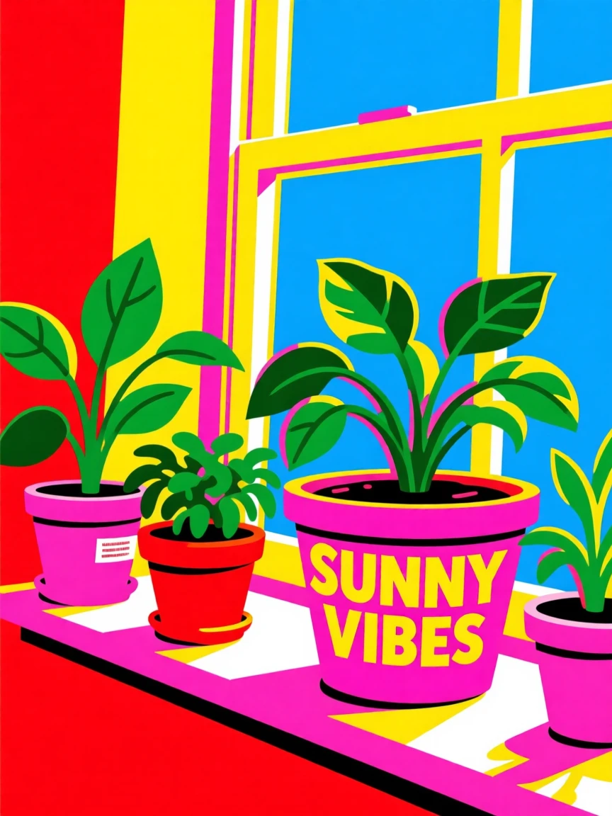 Houseplant collection on a sunny windowsill