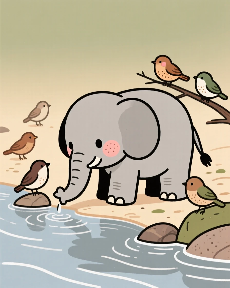 A baby elephant explores a riverbank for the first time, sniffing at everything nearby while a nearby flock watches with gentle patience.