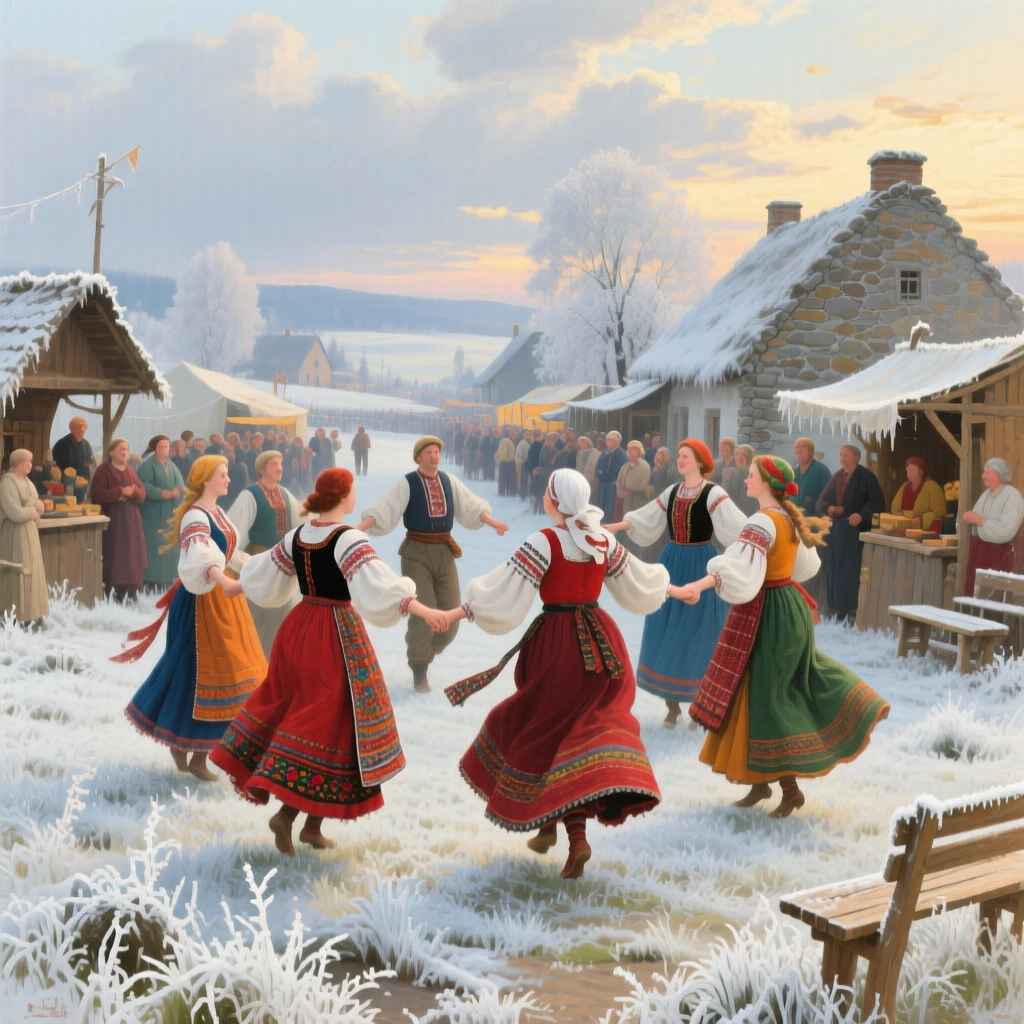 A panoramic view of a traditional folk dance performed in colorful costumes at a village fair, beneath fresh fallen frost, in the height of summer.