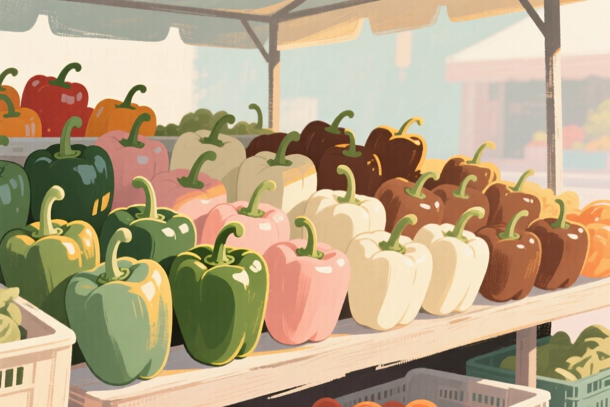 A stall of colorful bell peppers arranged in neat rows