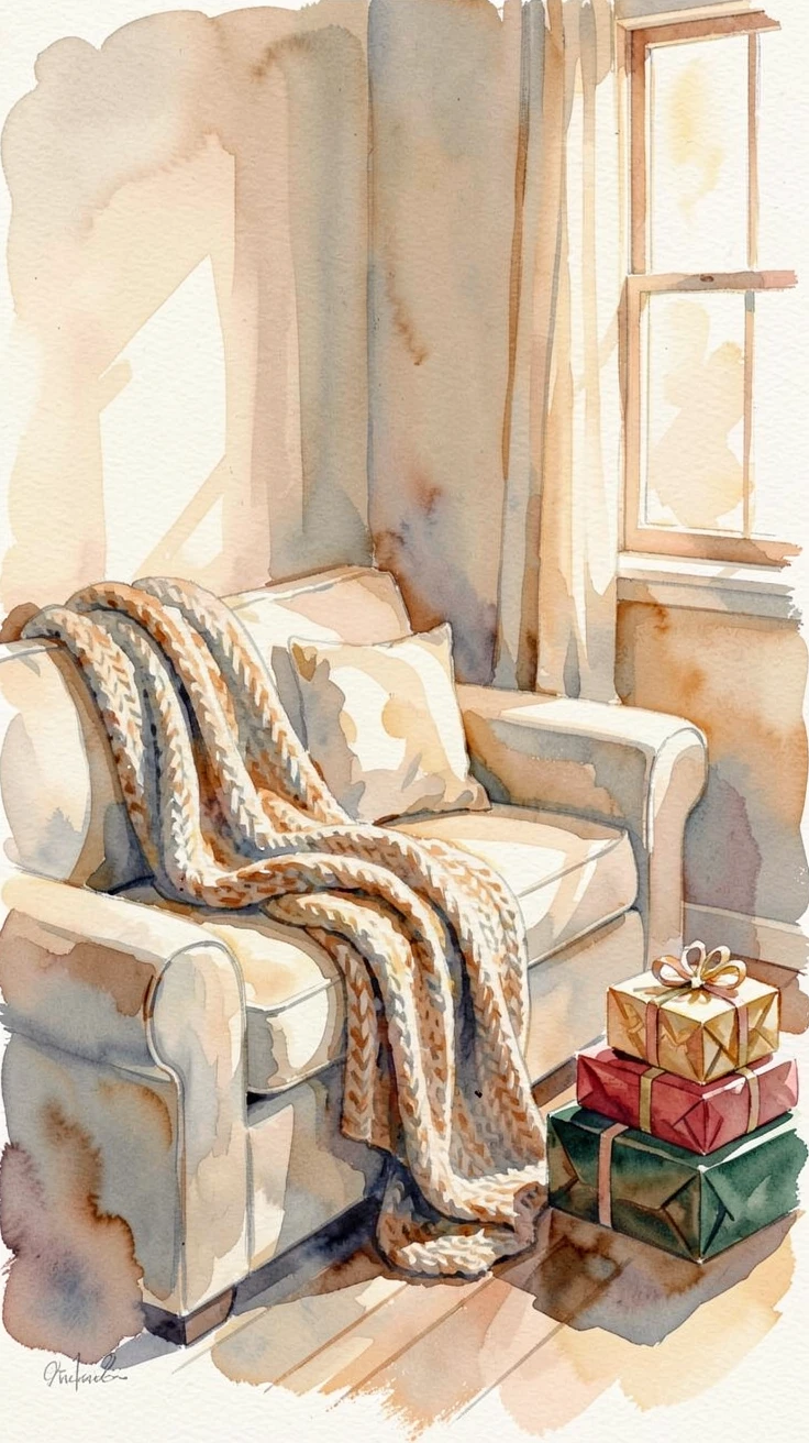 A cozy den with a knitted blanket draped over a sofa with a stack of wrapped gifts nearby.