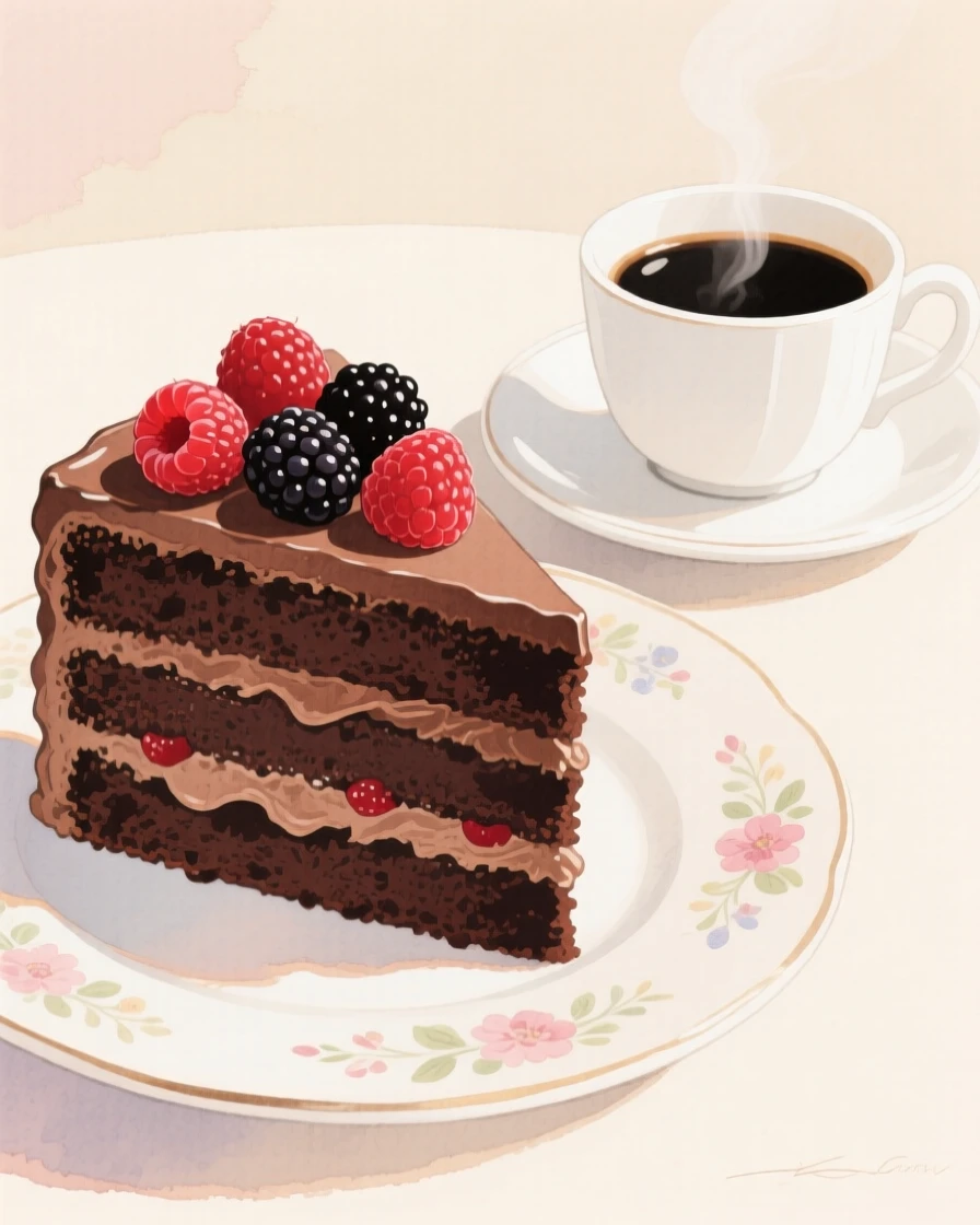 A slice of layered chocolate cake with berries on top sits on a vintage plate beside a cup of coffee