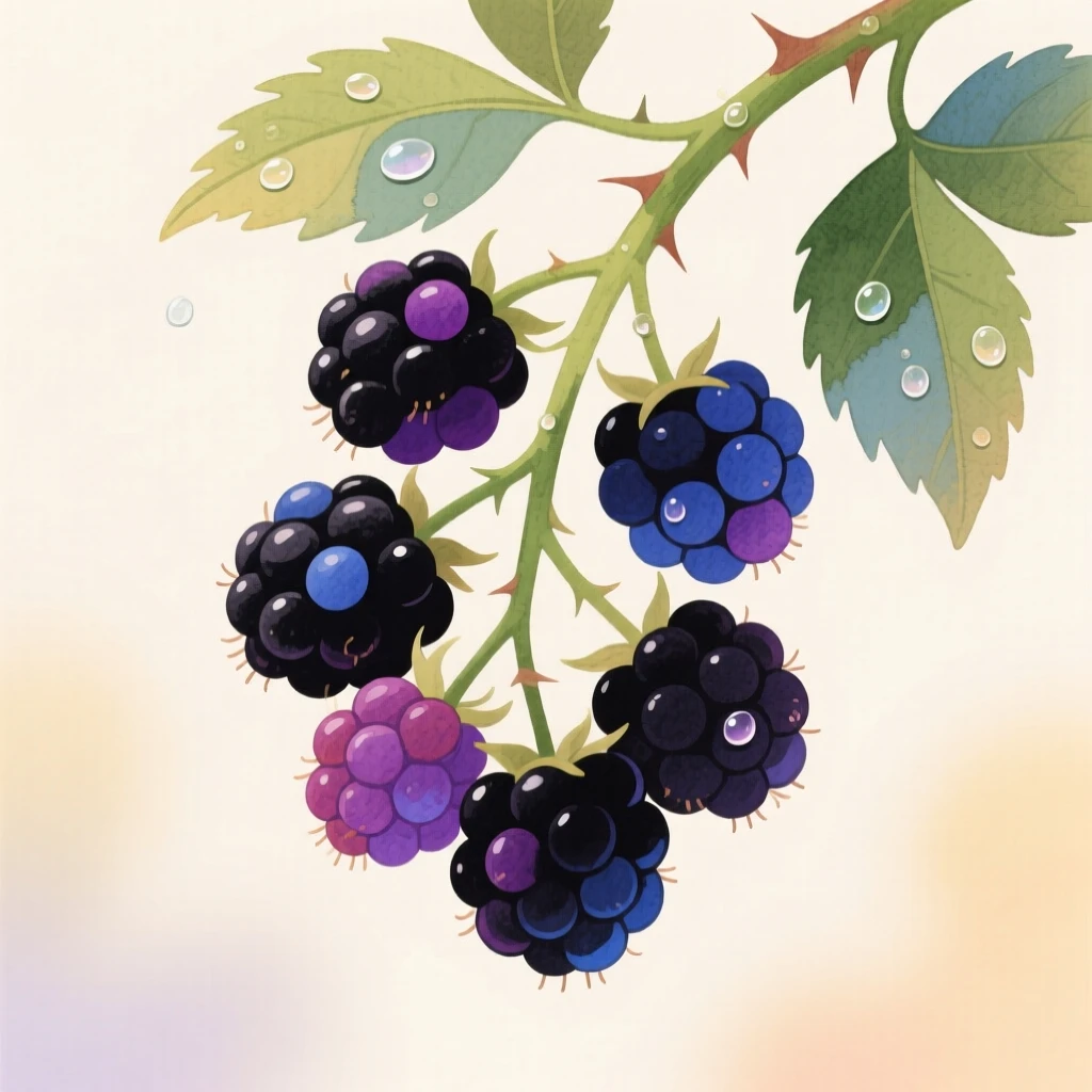 A cluster of wild blackberries on a bramble glistening with morning dew.