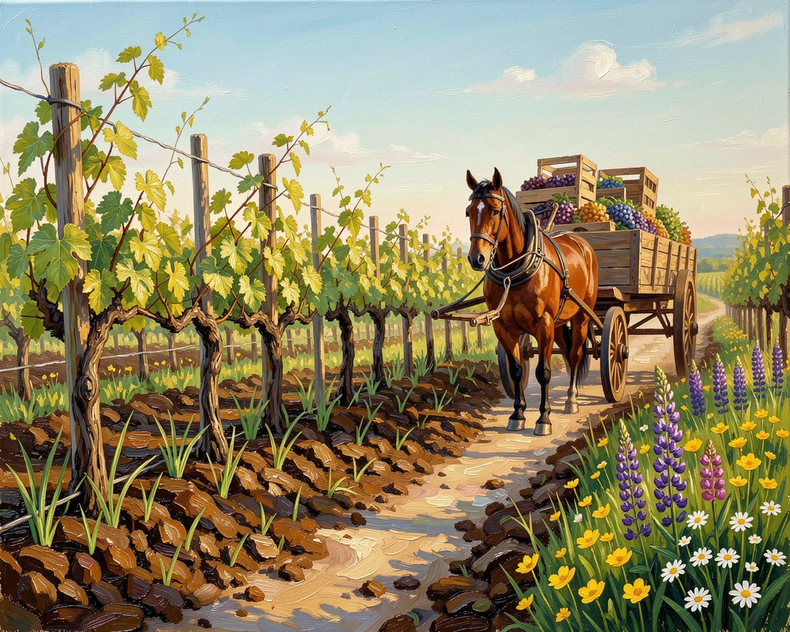 In early spring, fresh green shoots pushing through the soil, rows of grapevines stretching toward the horizon, beside a narrow dirt lane lined with wildflowers, a horse-drawn cart trundling down the country lane.