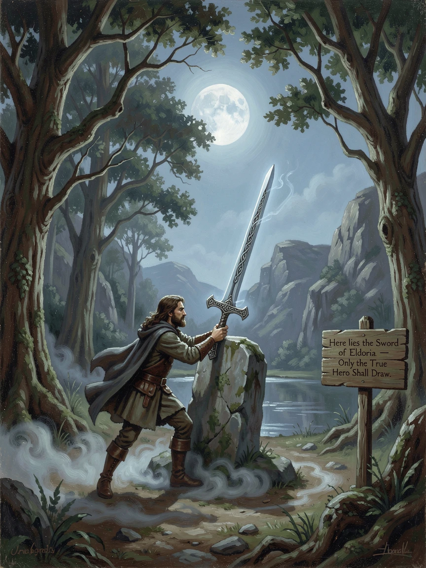 A hero draws a legendary sword from a stone in a moonlit clearing.