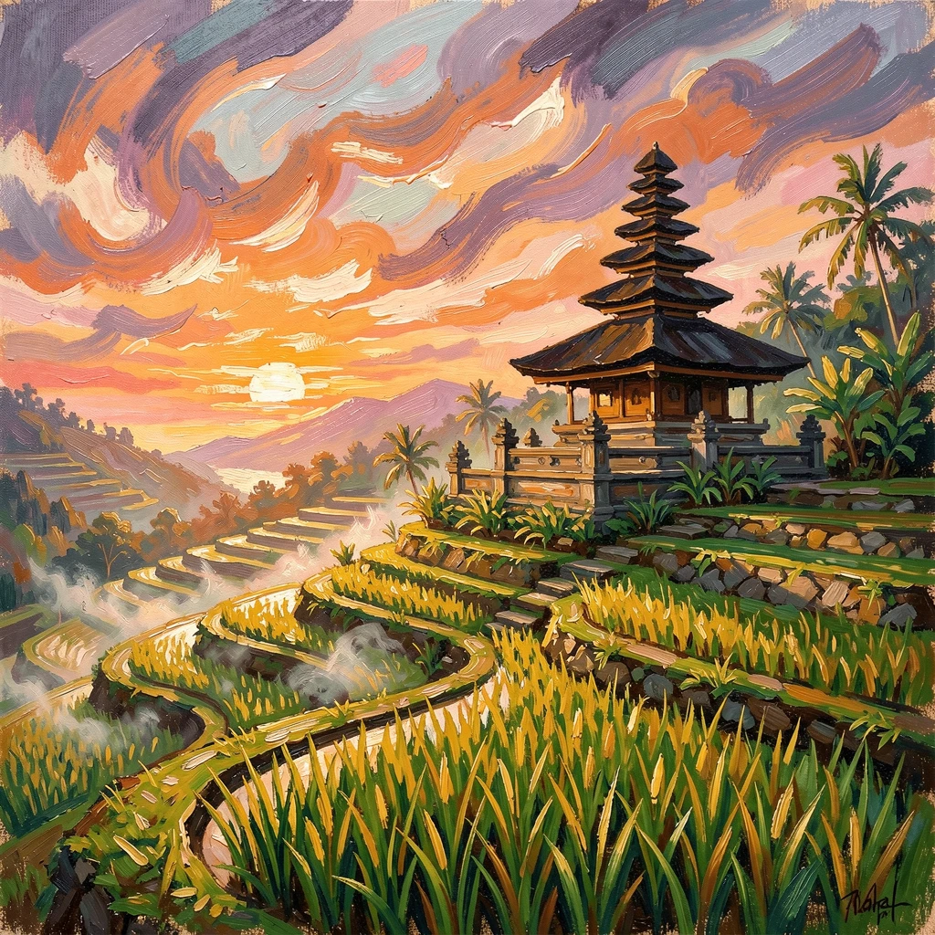 A quiet hillside temple in Bali surrounded by terraced rice paddies at dawn.