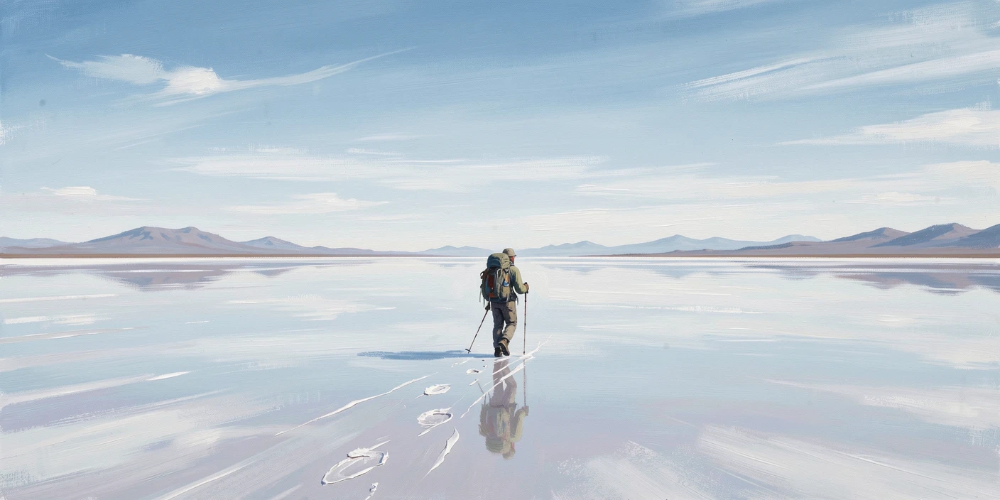 A trekker crosses a vast salt flat in Bolivia during the rainy season, the sky perfectly mirrored on the water's glassy surface, distant terrain stretching toward the horizon, suggesting the journey is far from over.