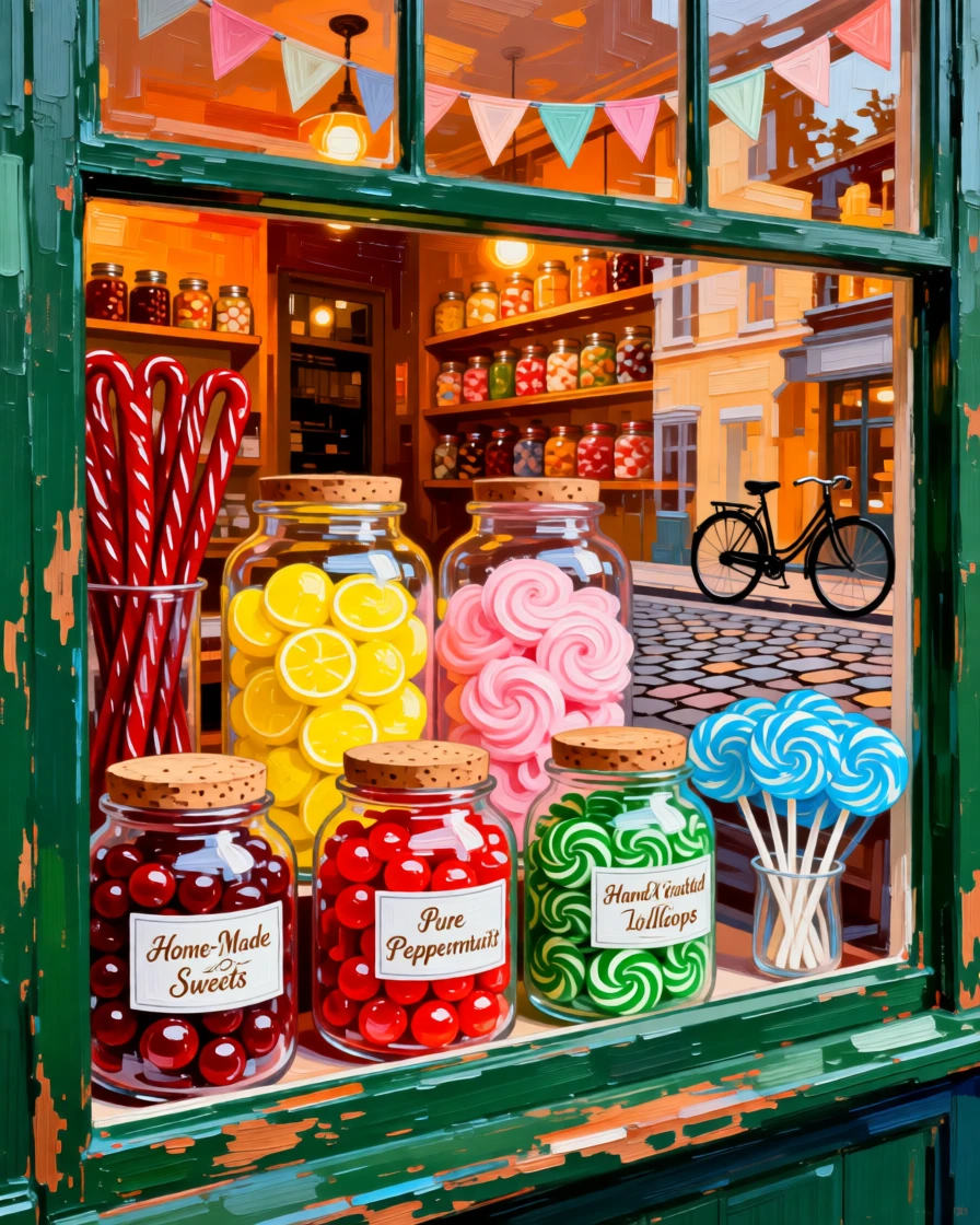 A candy shop window filled with jars of colorful old-fashioned sweets