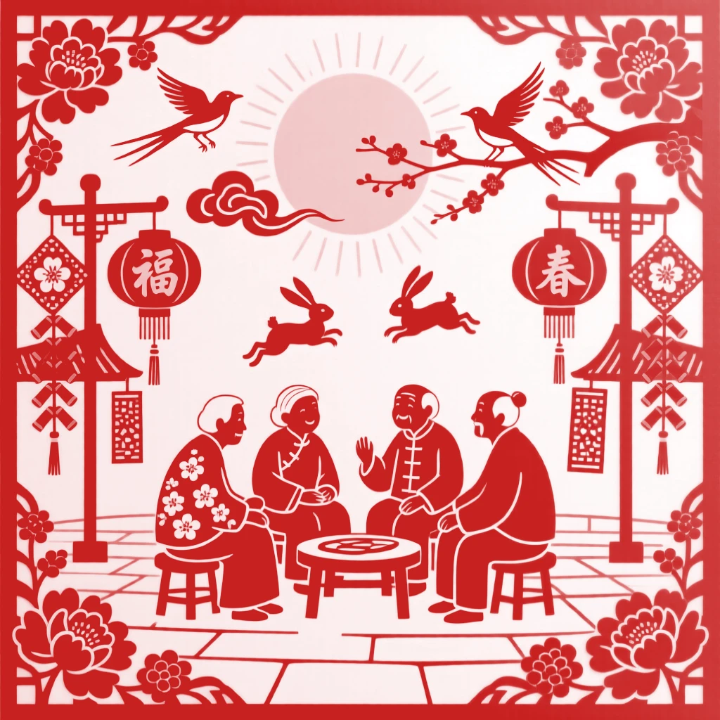 A scene of a village square decorated for the new year, as elders share stories of festivals long past, with a full moon rising behind paper-cut silhouettes.