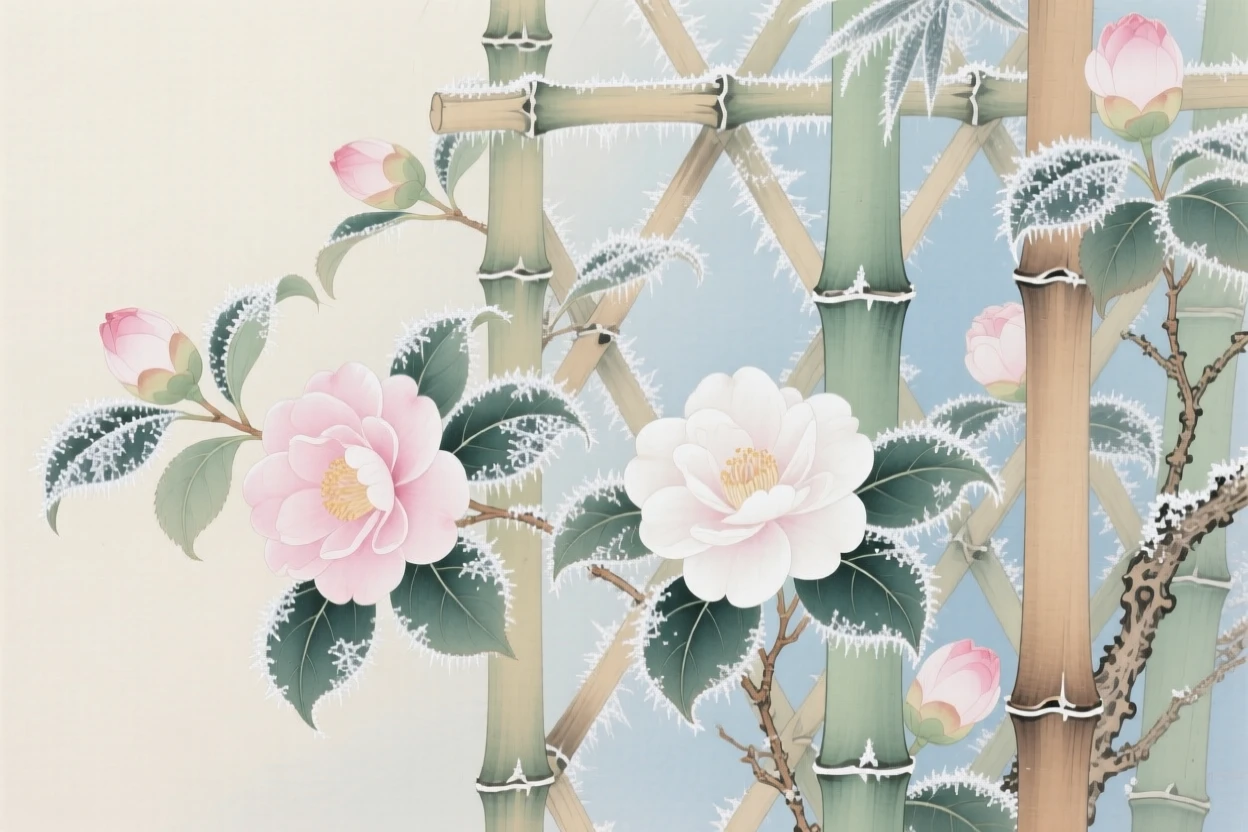 Camellias dusted with morning frost climbing a bamboo trellis in early summer