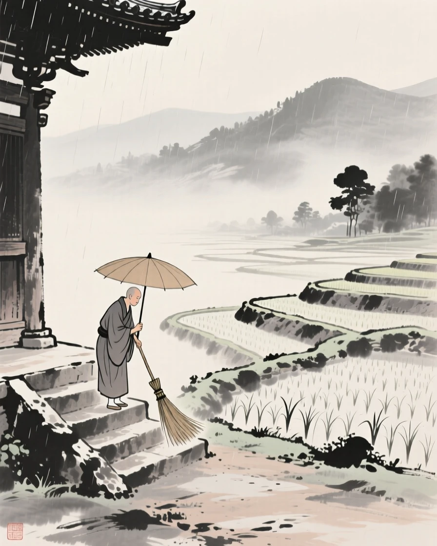 A monk sweeping temple steps sheltering from rain beneath a broad umbrella beside a terraced rice field, framed small within a vast, quiet landscape, evoking warmth, simplicity, and quiet dignity.