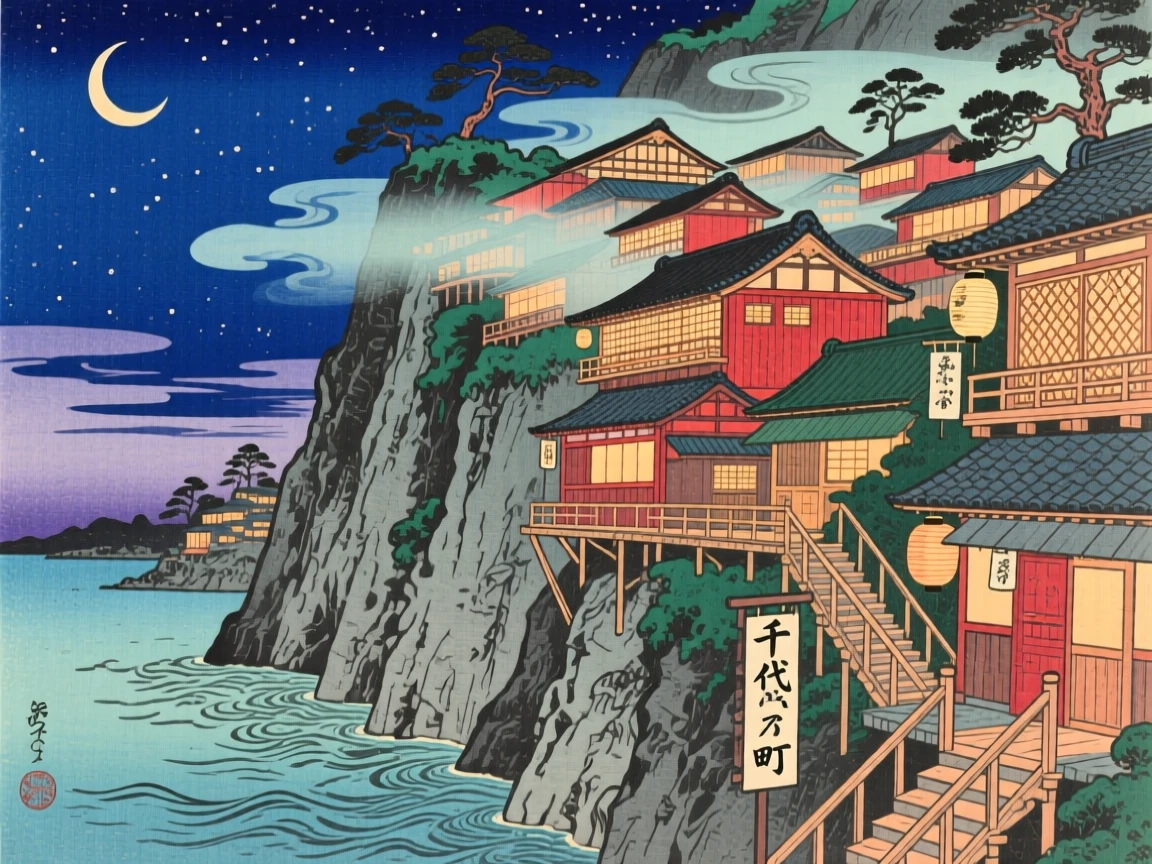A city built into a towering cliffside, drifting silently through the night.