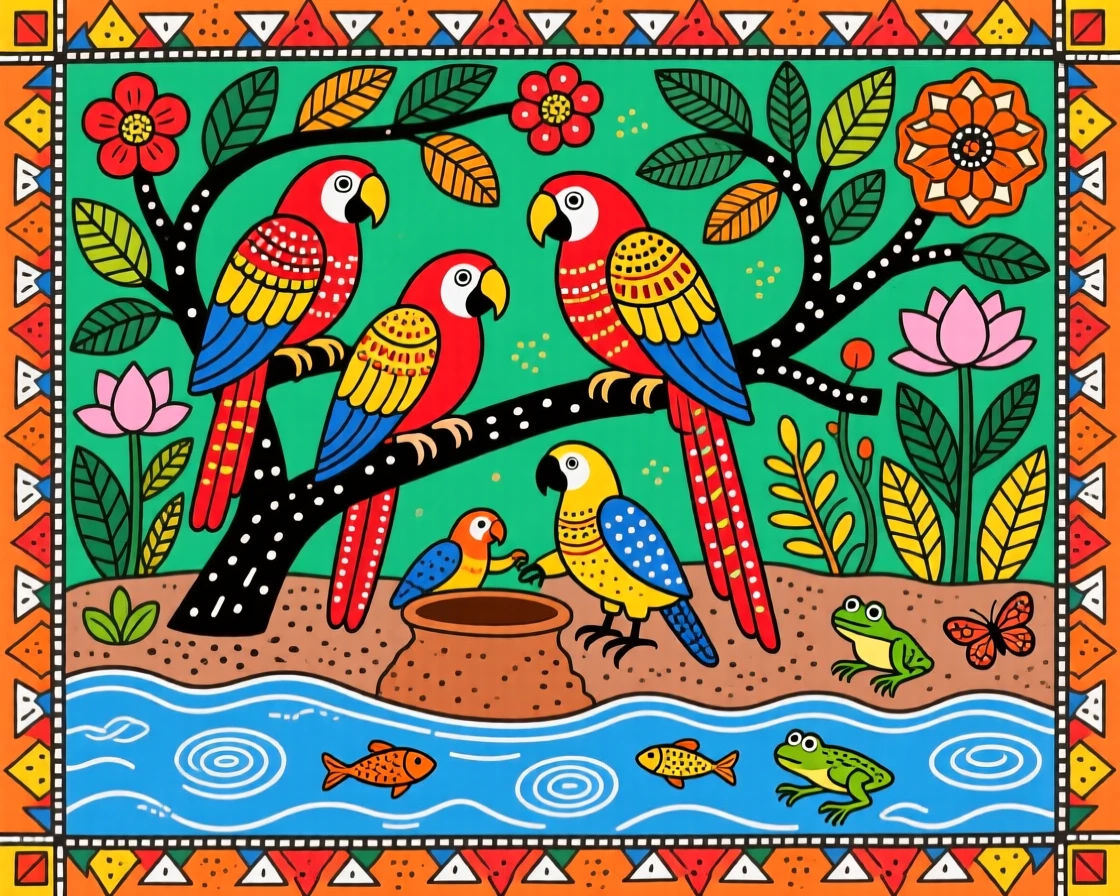 A family of macaws gathering at a clay lick along a riverbank.