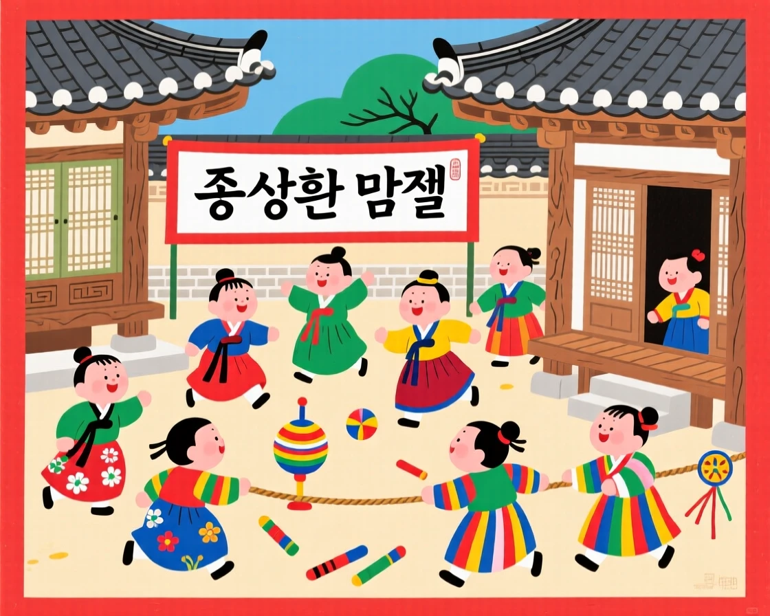 Children playing traditional games in a courtyard during a holiday gathering.
