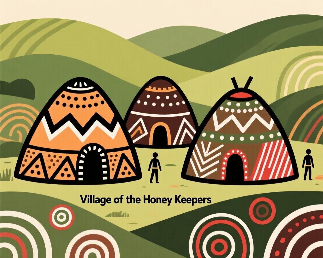 A beehive-shaped hut village nestled among rolling green hills.
