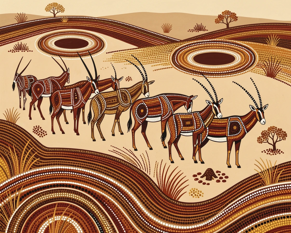 A herd of oryxs migrating across the plains