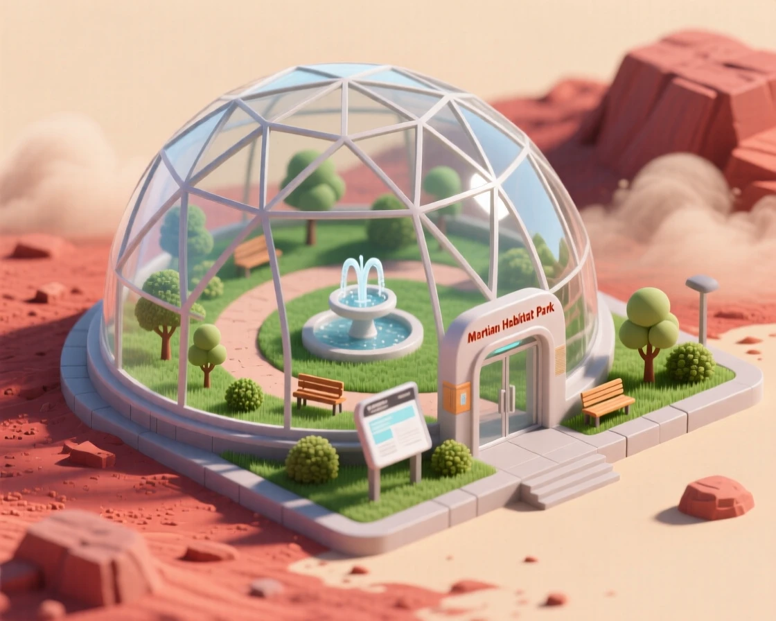 A terraformed Martian settlement with a glass dome enclosing a green park, red dust swirling just beyond the barrier.