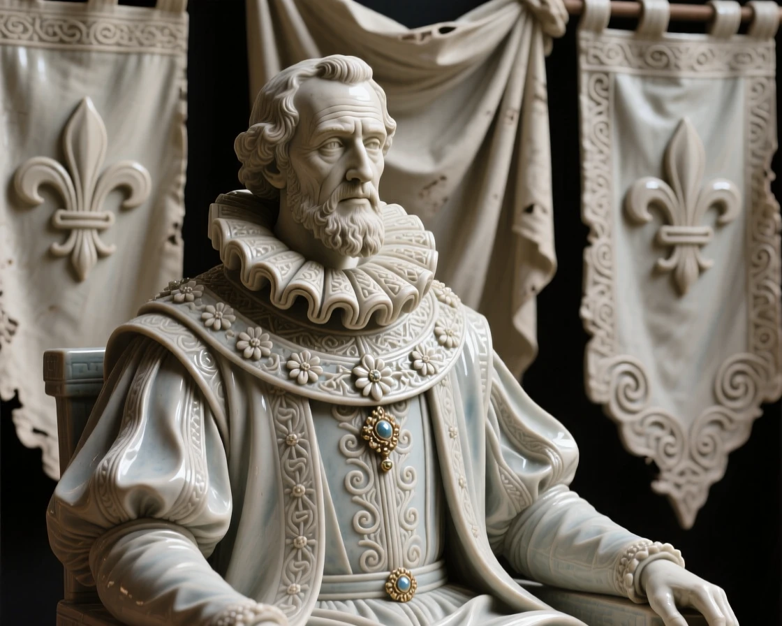 A Renaissance nobleman in an ornate collar posed regally beneath draping banners, with weathered features telling silent stories, evoking reverence for ancient tradition.