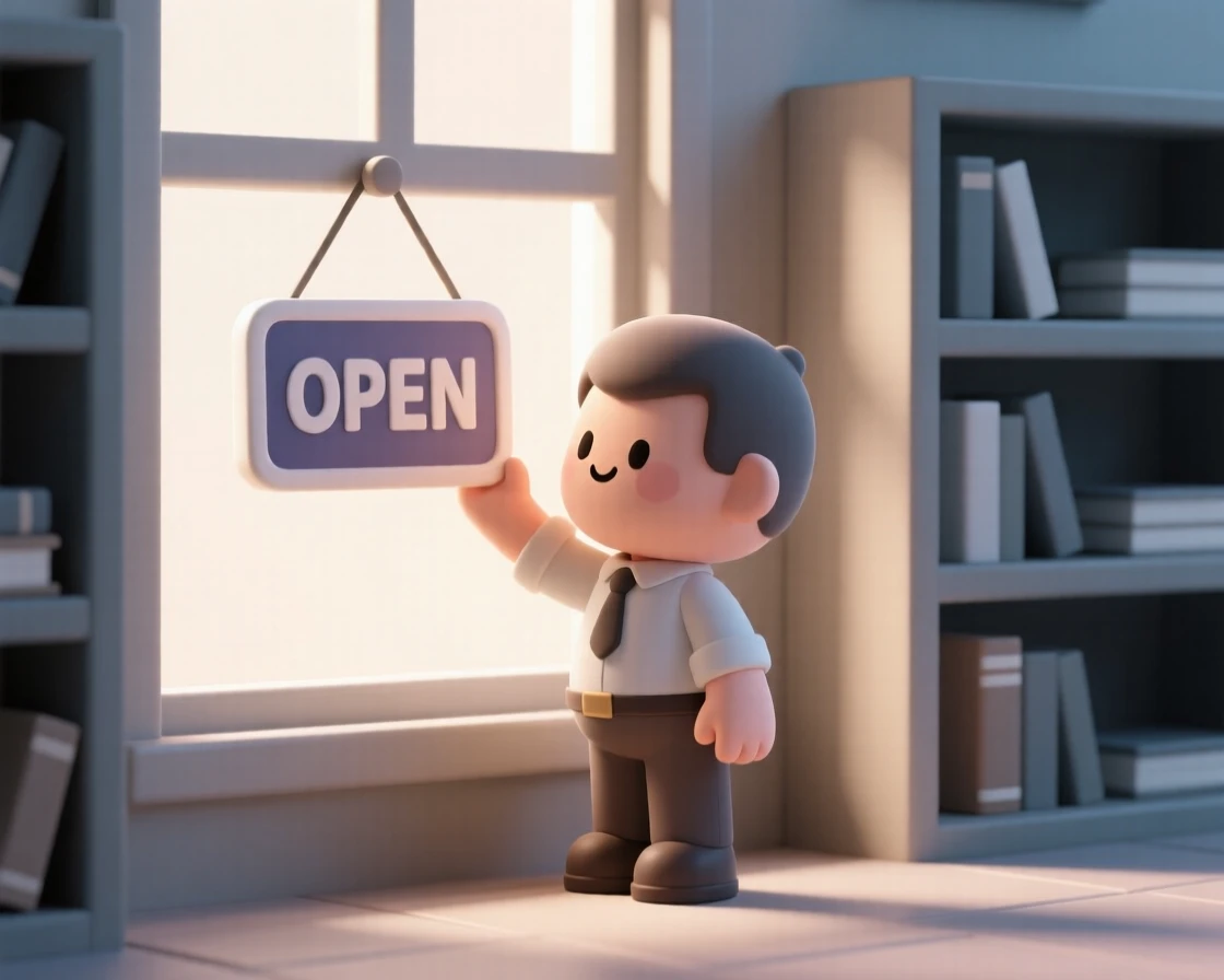 A proud small business owner flips an "open" sign, sunlight streaming through the window of a cozy bookshop.