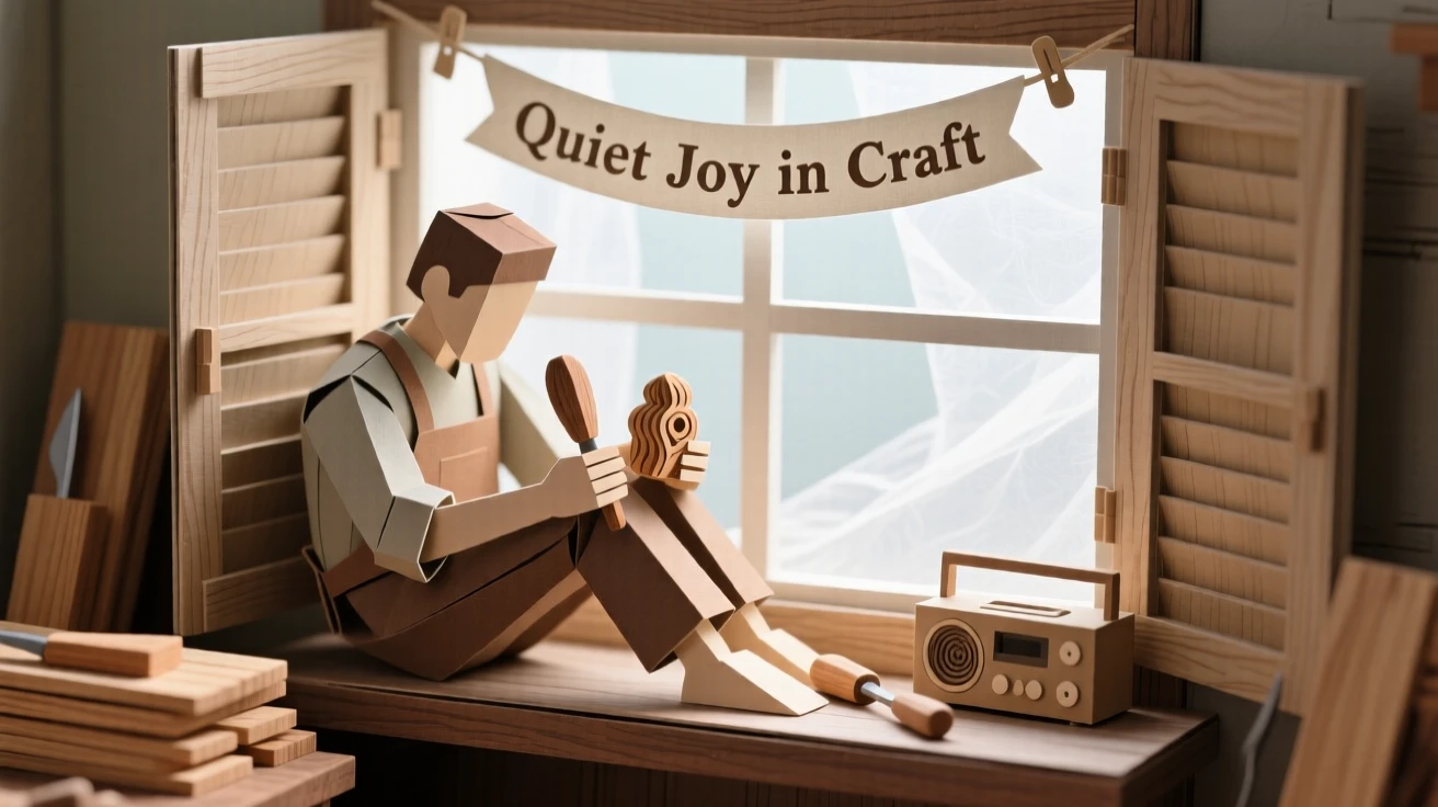 A meticulous woodworker curled up in a window nook, with soft music playing in the background, conveying quiet joy in a beloved pursuit.