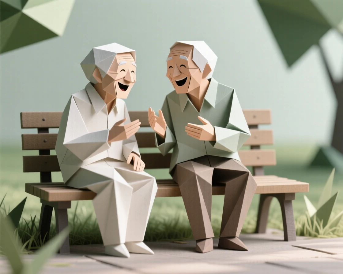 Two old friends reuniting after years apart, laughing together on a park bench.