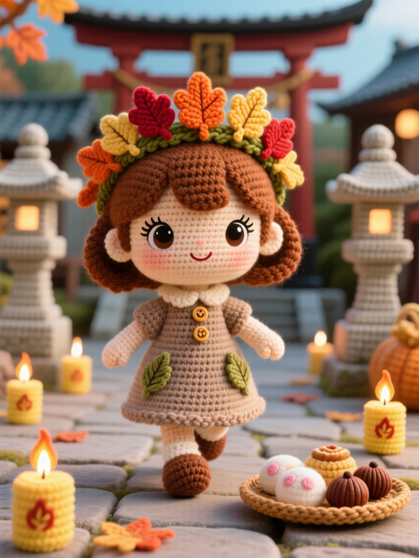 a little girl wearing a garland of autumn leaves, for a harvest festival crown, is shown walking through a decorated village square in a quiet temple courtyard glowing with candlelight beside a small tray of traditional sweets nearby, capturing bright, celebratory warmth.