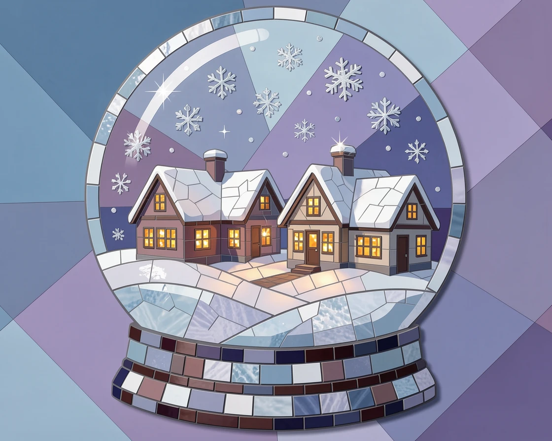 A snow globe village scene with twinkling lights and falling snow.