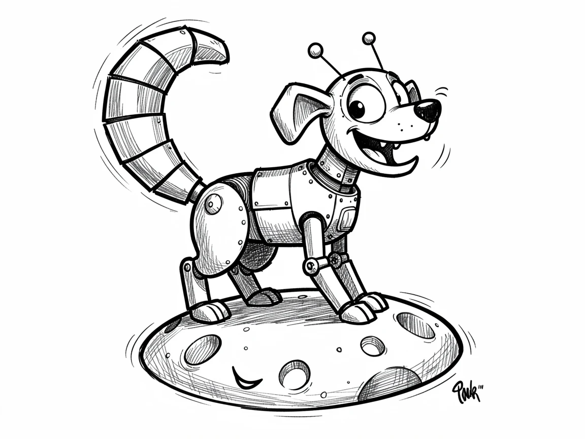 A robot dog wagging a metal tail on the surface of a cheerful cartoon moon.