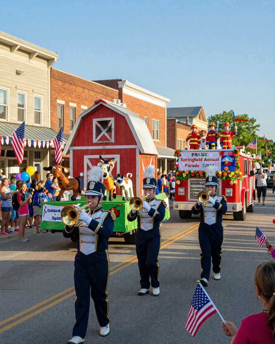 A small town parade with marching bands and floats