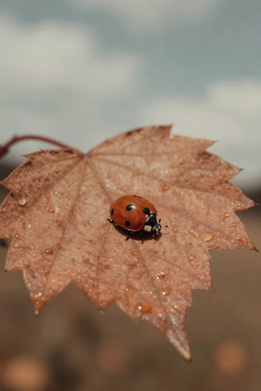 A ladybug crawling along the edge of a dew-covered leaf, in gentle diffused daylight, under scattered clouds, in early spring, in earthy terracotta and ochre shades, shot from directly overhead.