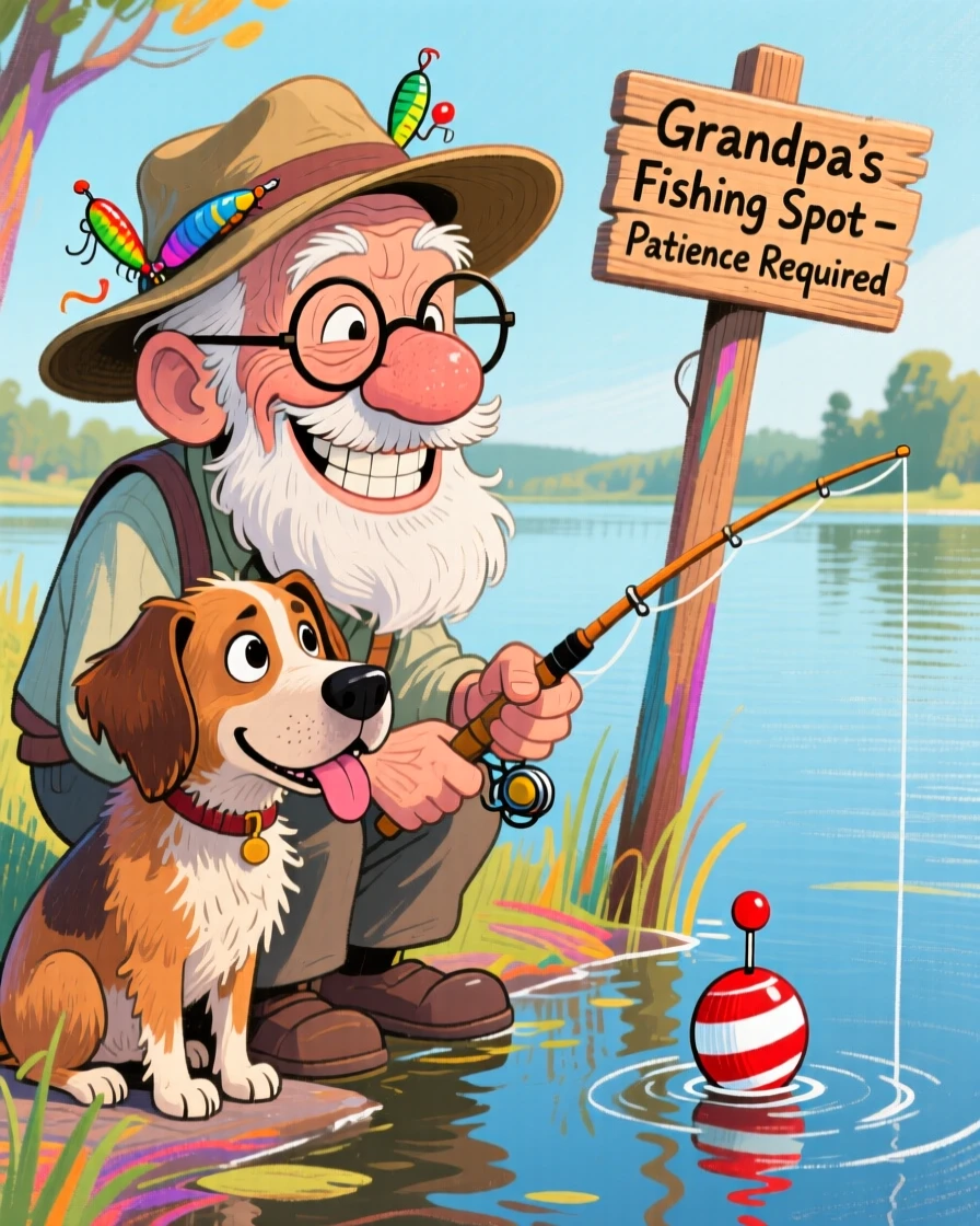 A grandfather fishing with his loyal dog, both staring intently at a still bobber.