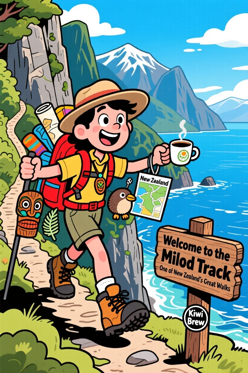 An iconic travel scene featuring a curious traveler hiking along a dramatic cliffside trail in New Zealand, with souvenirs already piling up in their arms.