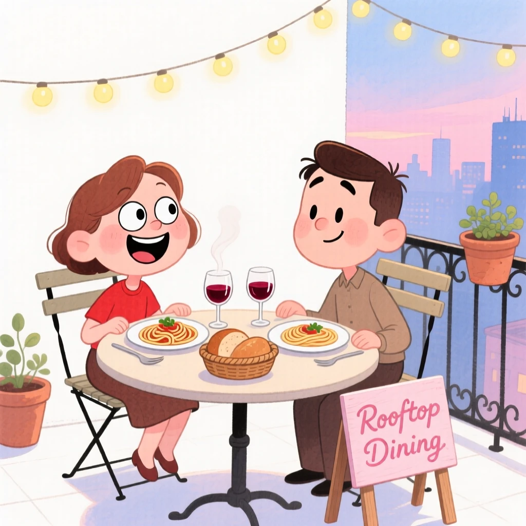 A cozy, appetizing, elegant and intimate scene of a rooftop dinner table strung with fairy lights
