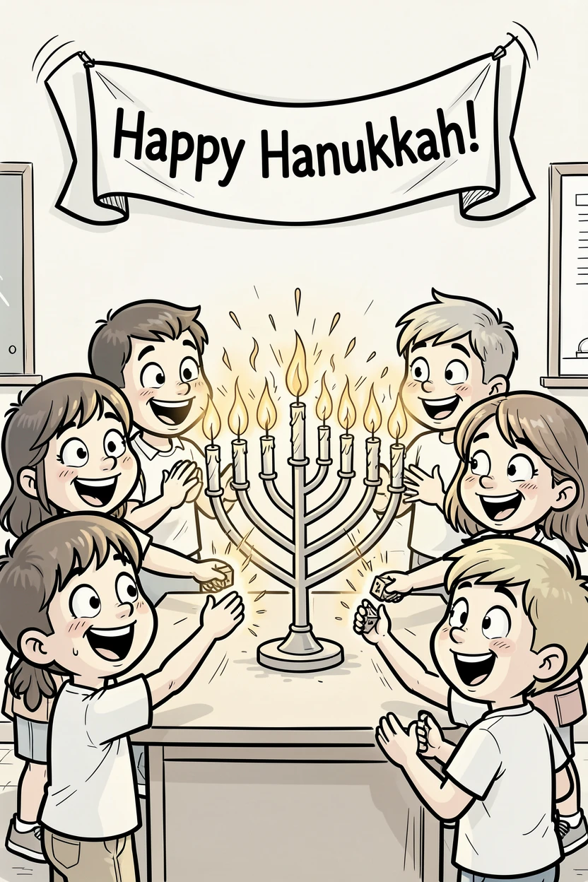 [Seasonal Holidays & Celebrations] Festive scene of a festive school class lighting a menorah together, full of celebration and joy