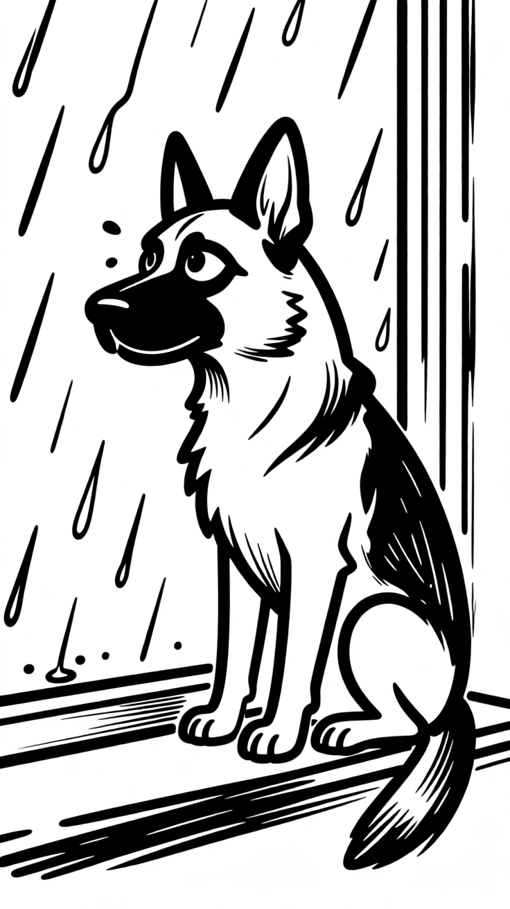 A german shepherd perched on a windowsill watching rain fall outside with a thoughtful expression.