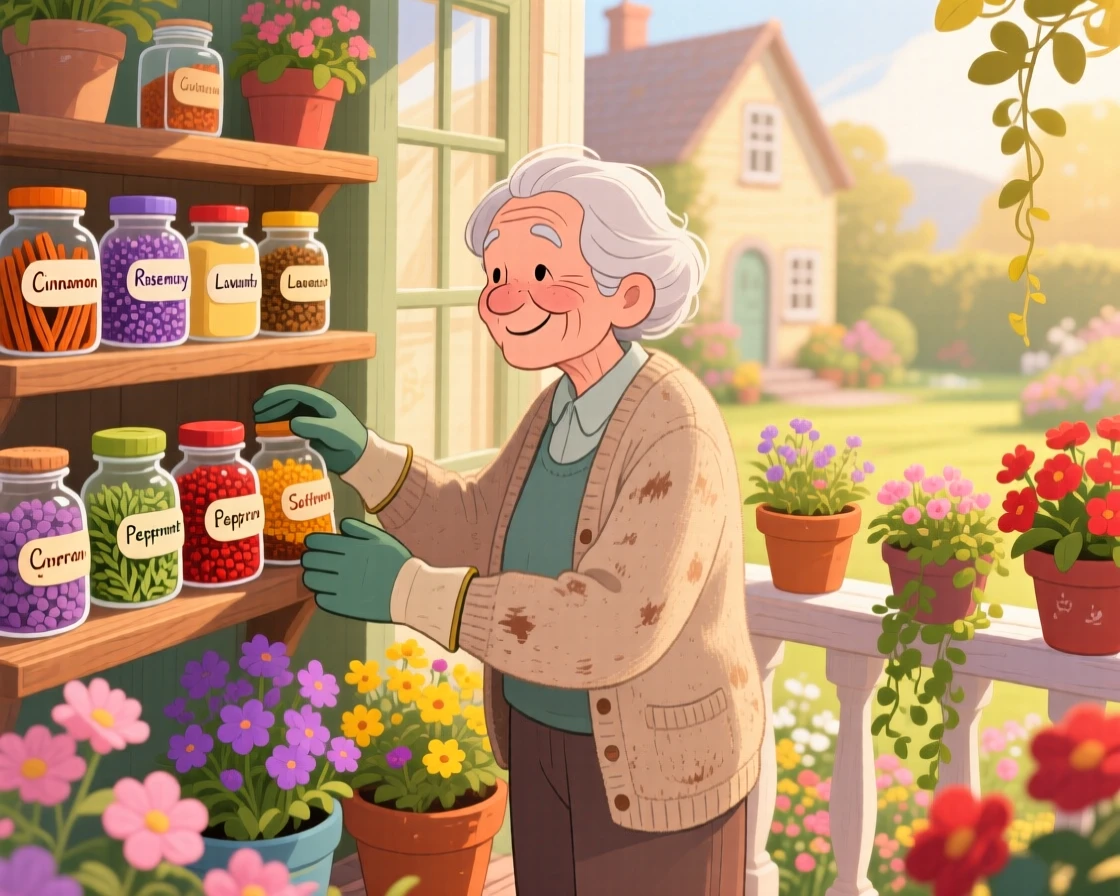 An elderly gardener pauses while organizing a shelf of colorful spice jars in a flower-filled balcony, with warm light spilling from every window.