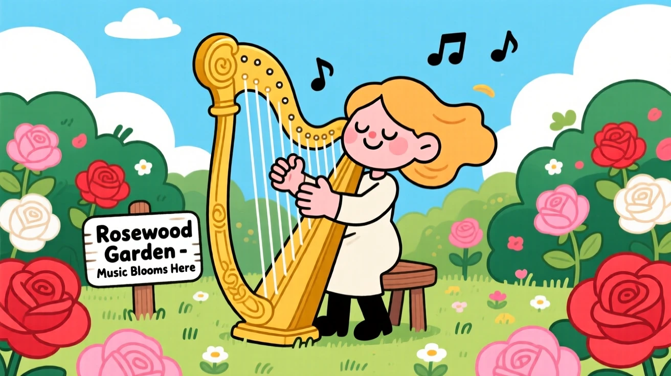 A harpist playing softly in a garden filled with roses.