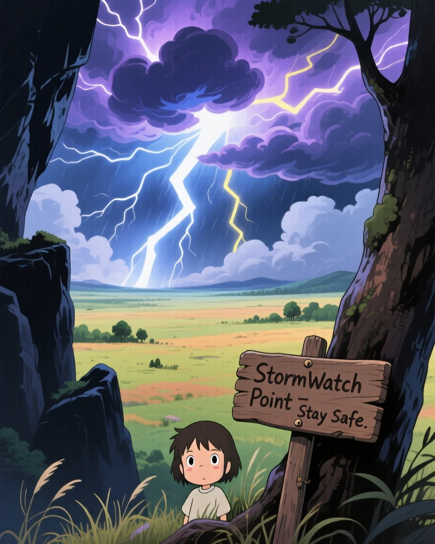 A stunning view of a dramatic thunderstorm rolling across a distant plain, framed by silhouetted cliffs in the foreground.