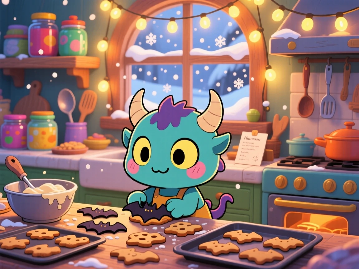 A tiny horned monster baking cookies shaped like bats, framed as a three-quarter view within a cheerful monster kitchen, amid softly falling snow, glowing under warm fairy-light glow, evoking shy bashfulness.