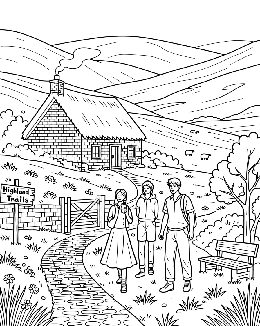 A rustic cottage nestled in the Scottish highlands, with locals and travelers strolling nearby.