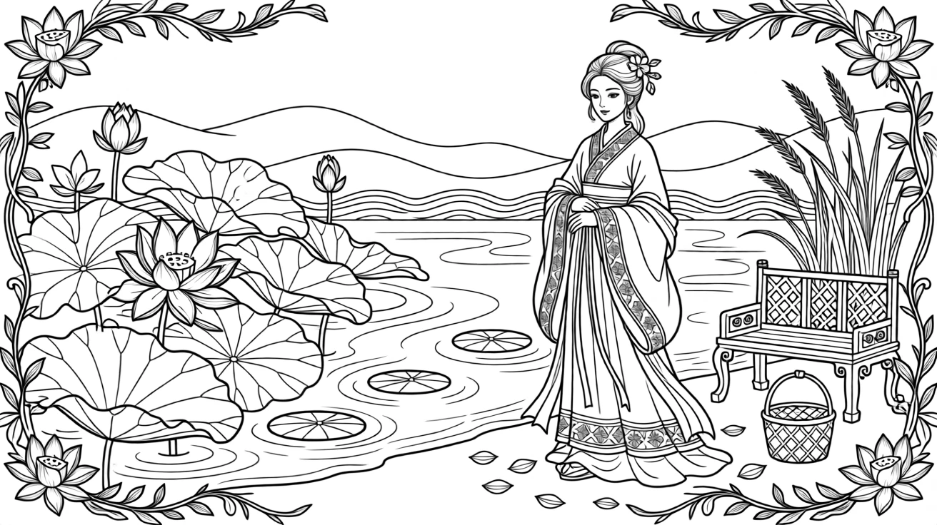 A traditional flowing gown scene beside a lotus pond.