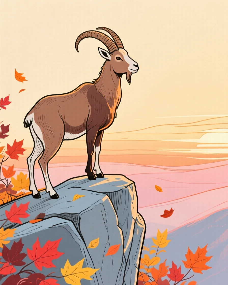 A mountain goat watching the horizon among autumn leaves during golden hour.