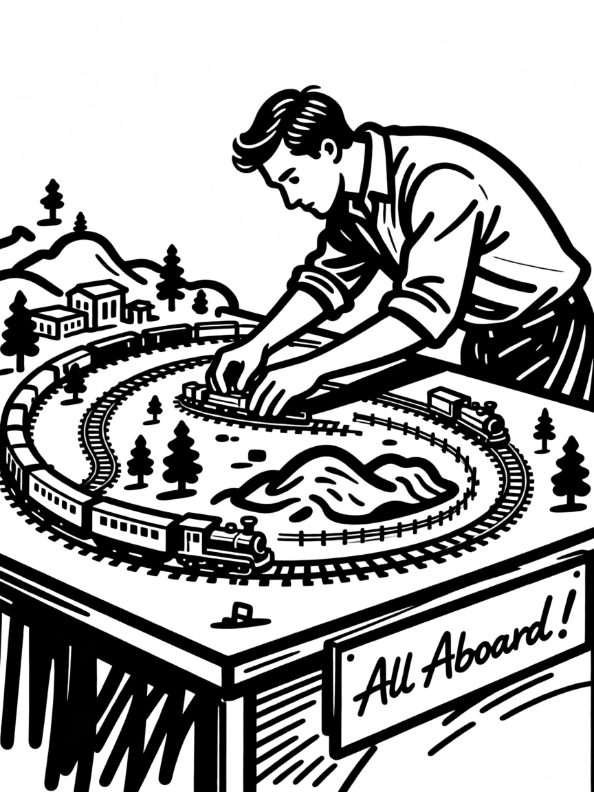 A model train enthusiast working on an elaborate miniature landscape.