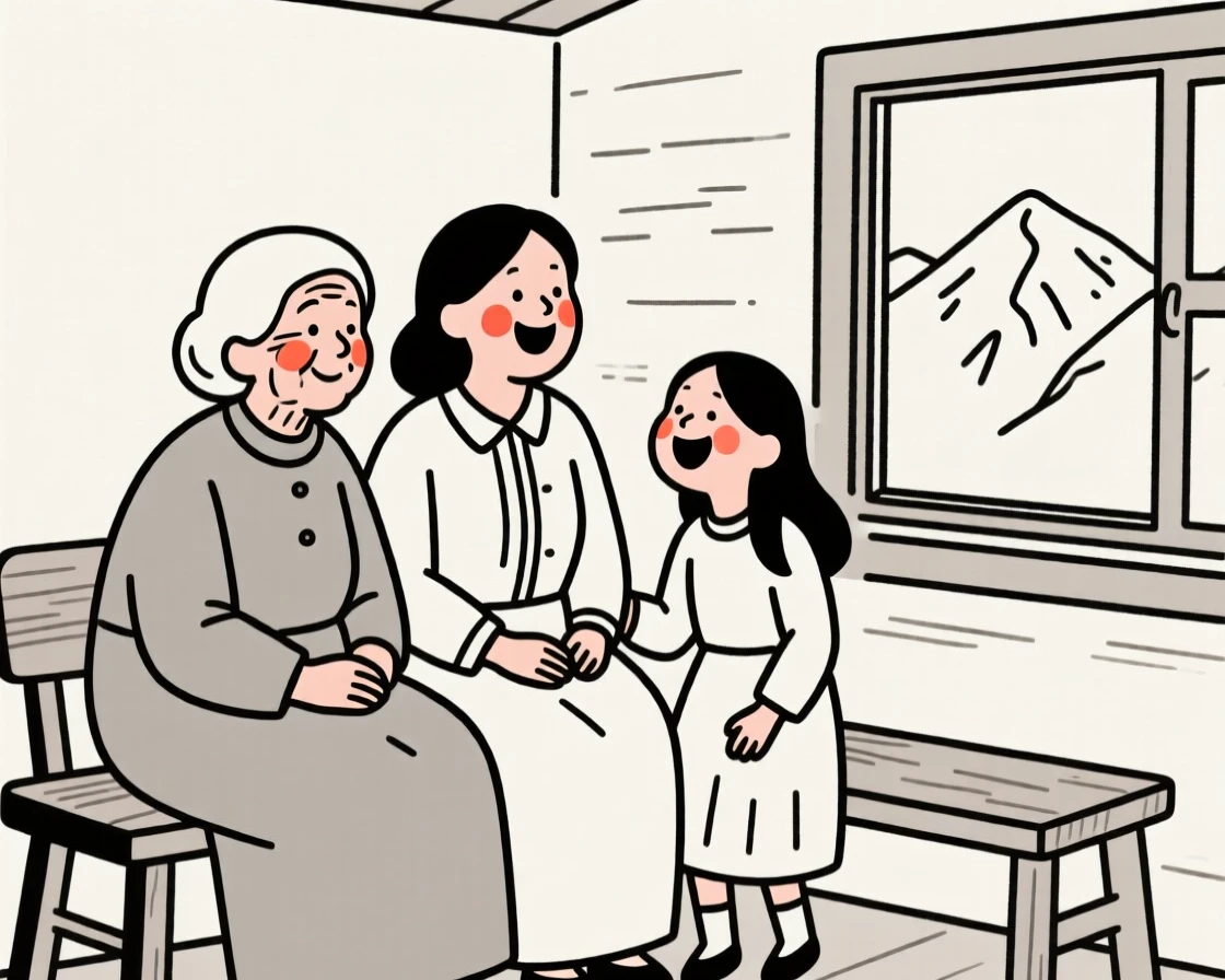 Three generations of women of Iranian heritage, laughing joyfully, in a mountain cabin.