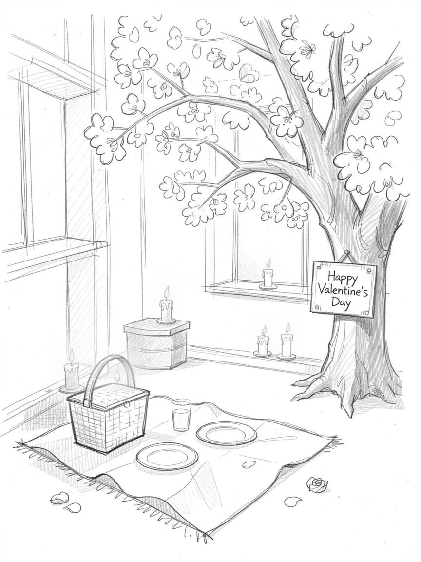 A festive scene of a Valentine's Day picnic under blossoming trees in a cozy candlelit room, with festive colors filling the frame.
